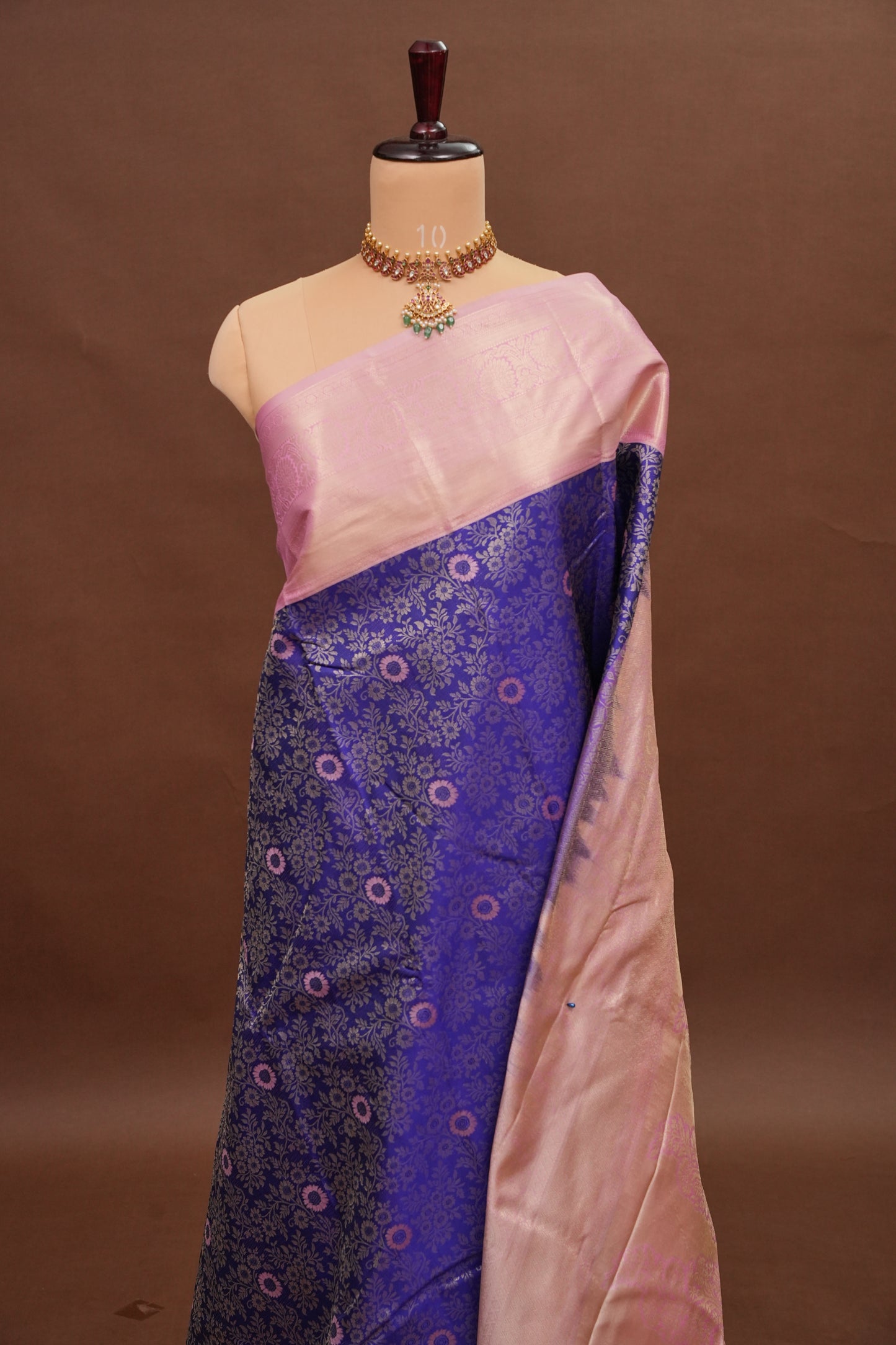 Kanchivaram Semi Silk Saree - Royal Blue with Baby Pink Border