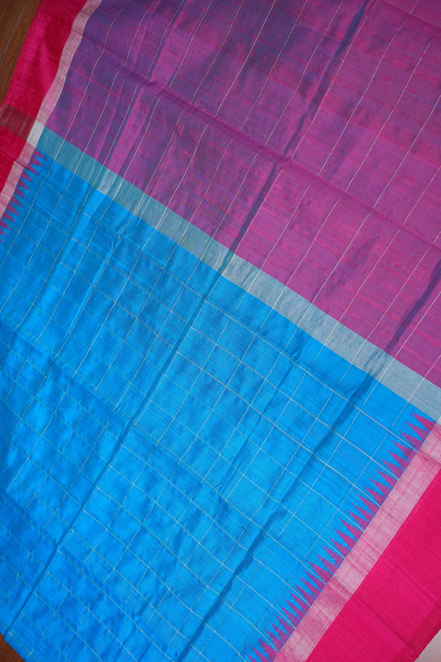 Pure Raw Silk Saree with Contrast Silver Zari Border – Sky Blue & Rani Pink