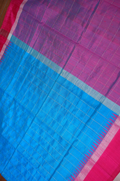 Pure Raw Silk Saree with Contrast Silver Zari Border – Sky Blue & Rani Pink