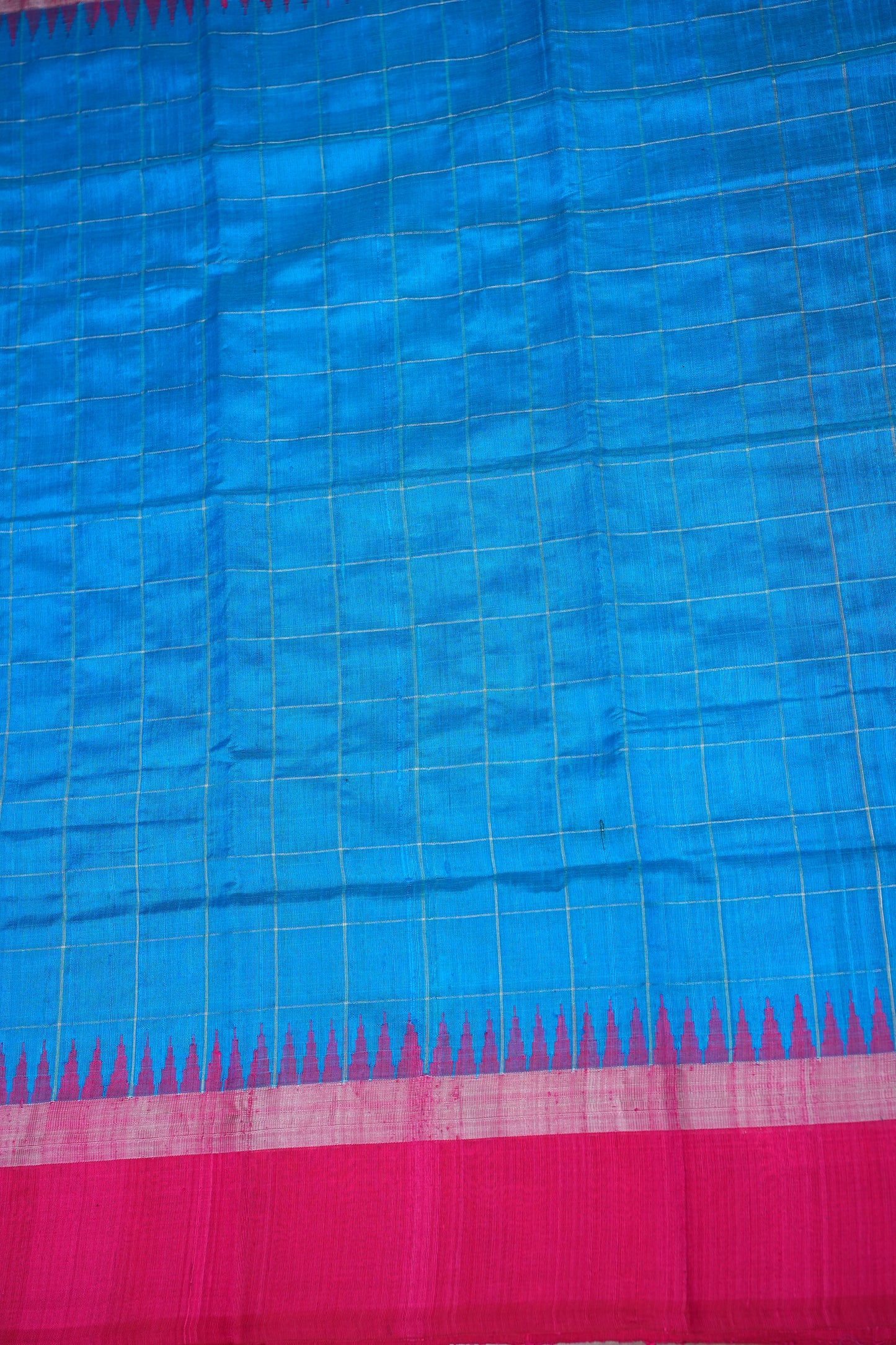 Pure Raw Silk Saree with Contrast Silver Zari Border – Sky Blue & Rani Pink