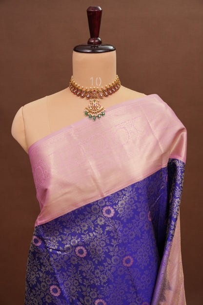 Kanchivaram Semi Silk Saree - Royal Blue with Baby Pink Border