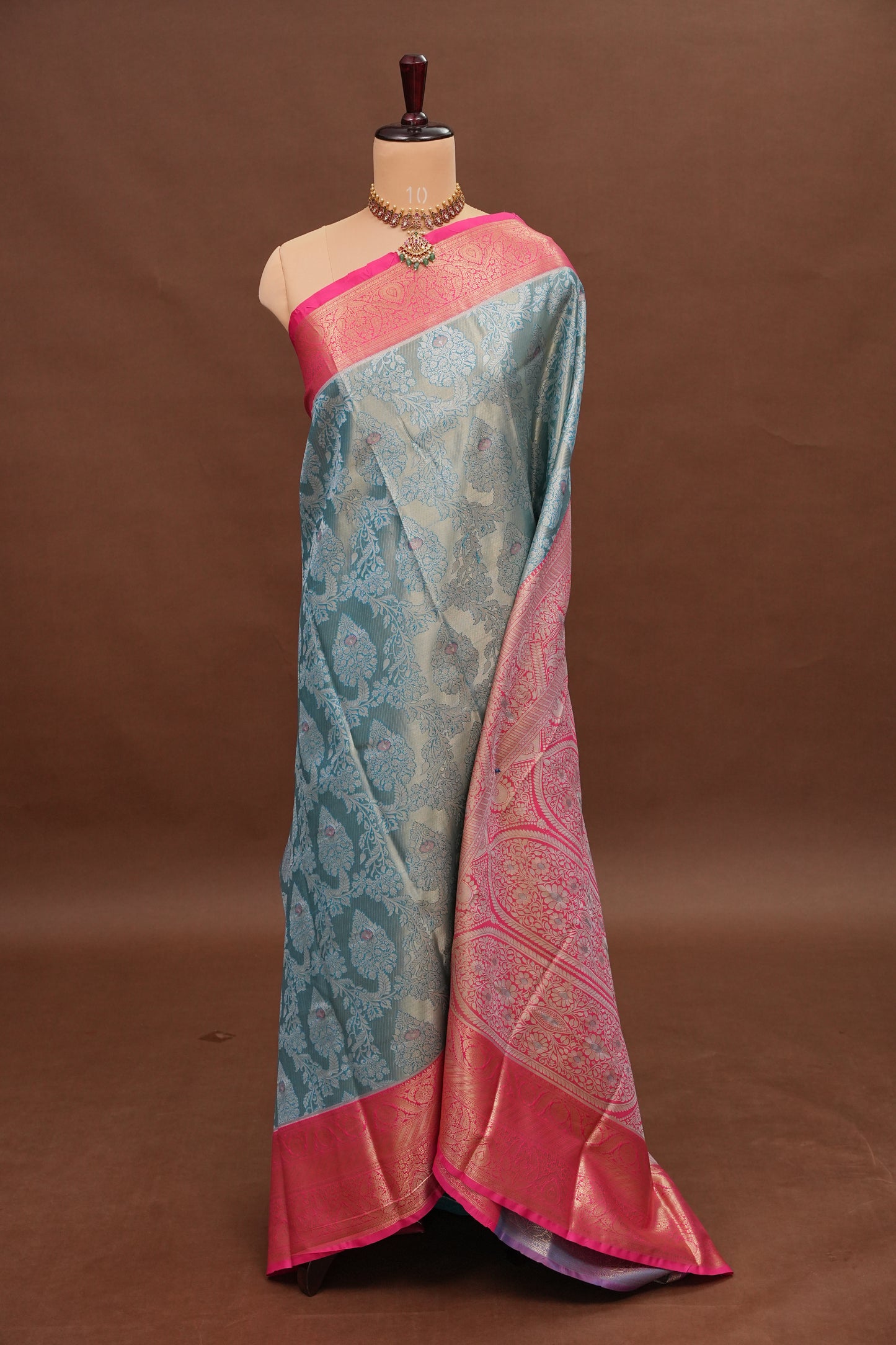 Cool Blue Semi Silk Saree with Vibrant Pink Zari Border