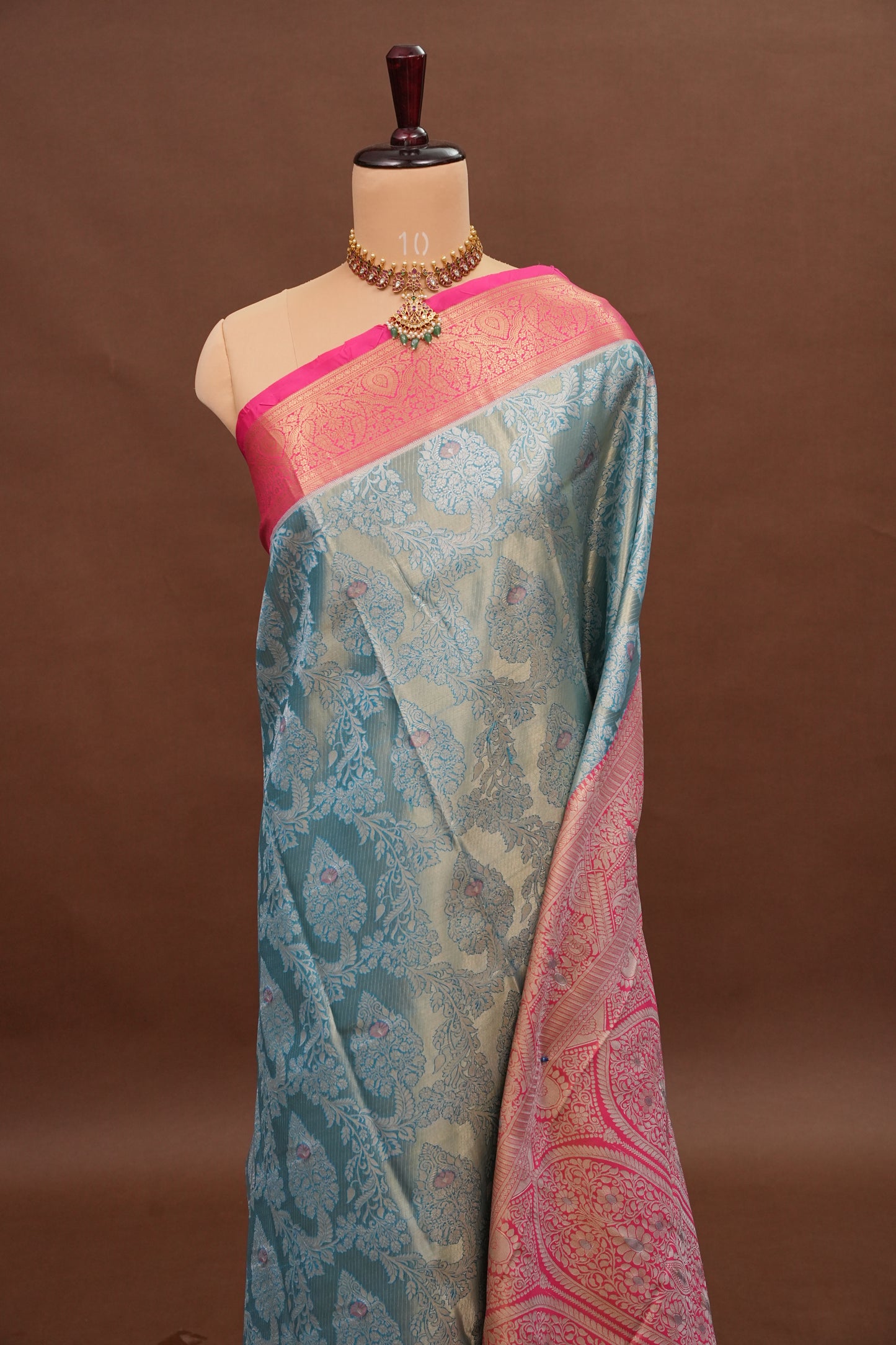 Cool Blue Semi Silk Saree with Vibrant Pink Zari Border