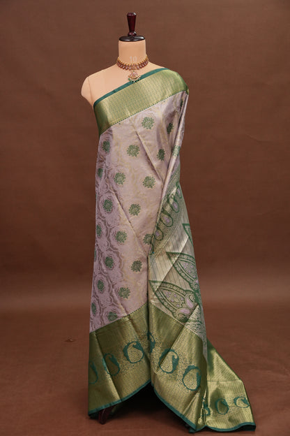 Champagne Gold Semi Silk Saree with Leaf Green Contrast Border & Pallu