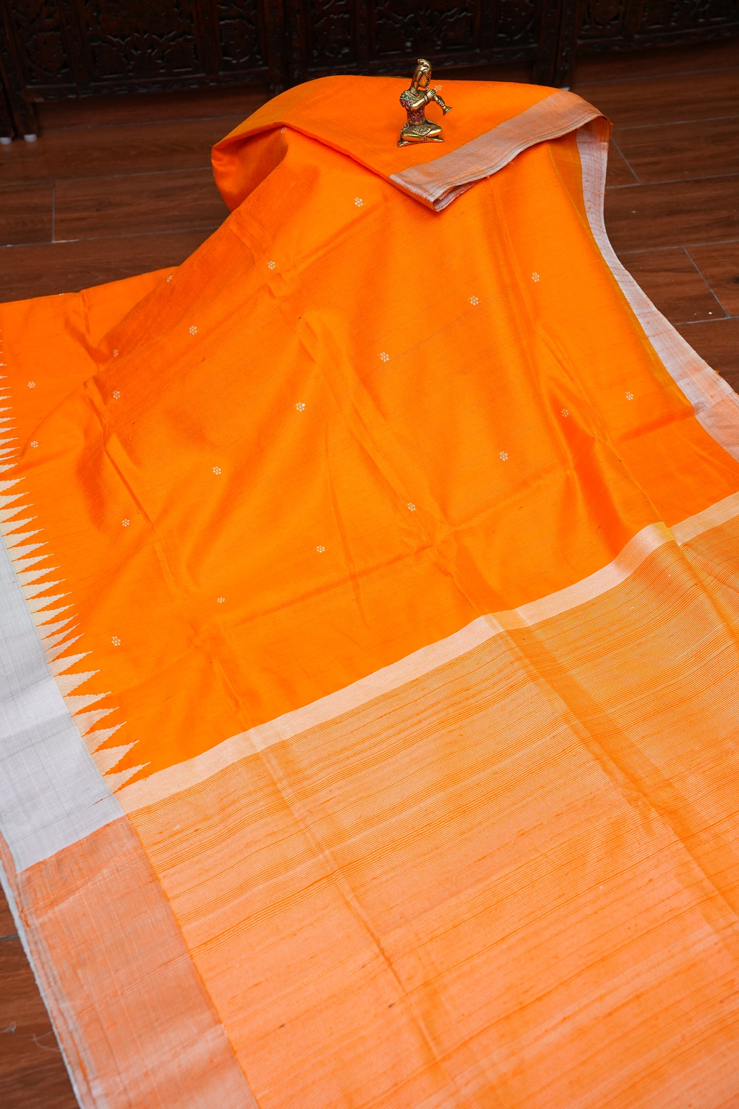 Pure Raw Silk Saree with Minimalist Silver Zari Border – Orange & White
