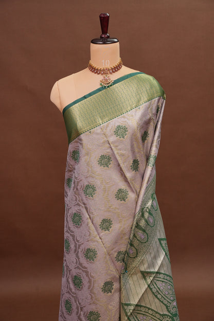 Champagne Gold Semi Silk Saree with Leaf Green Contrast Border & Pallu