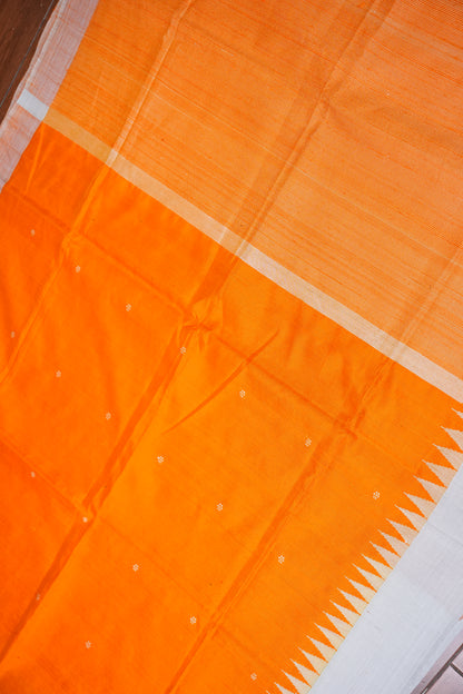Pure Raw Silk Saree with Minimalist Silver Zari Border – Orange & White