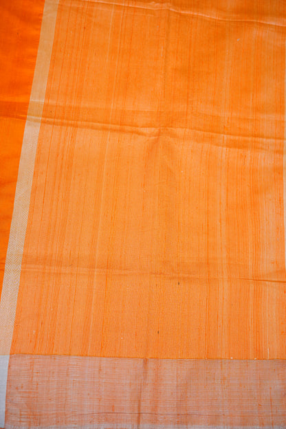 Pure Raw Silk Saree with Minimalist Silver Zari Border – Orange & White