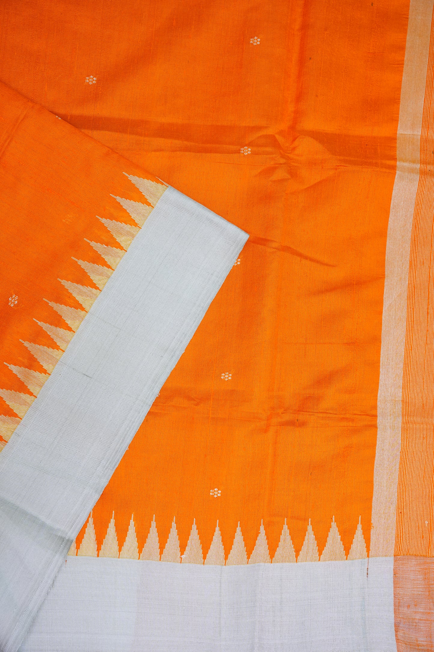 Pure Raw Silk Saree with Minimalist Silver Zari Border – Orange & White