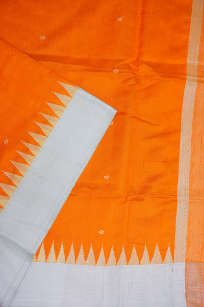 Pure Raw Silk Saree with Minimalist Silver Zari Border – Orange & White