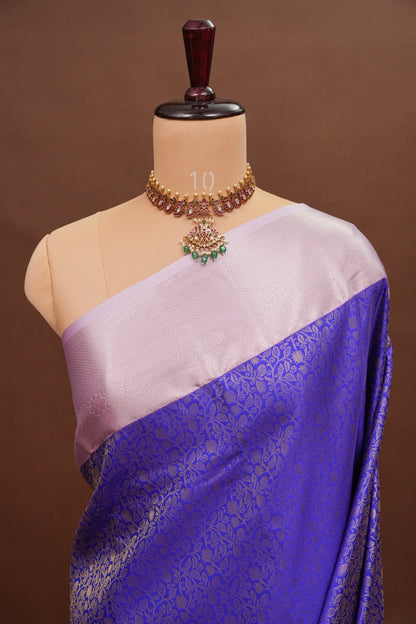 Kanchivaram Semi Silk Saree - Royal Blue with Baby Pink Border