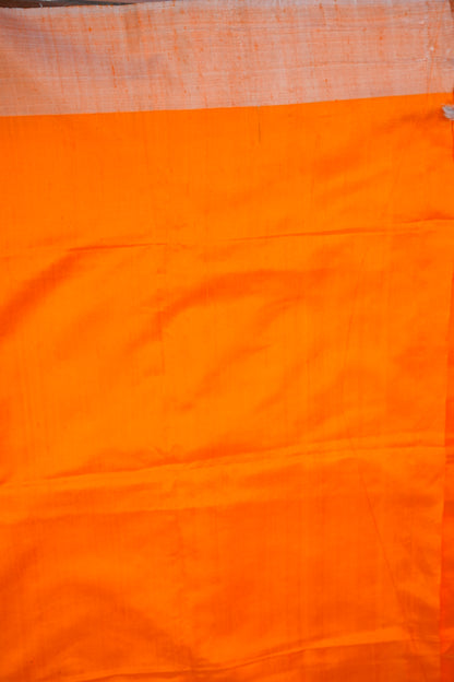 Pure Raw Silk Saree with Minimalist Silver Zari Border – Orange & White