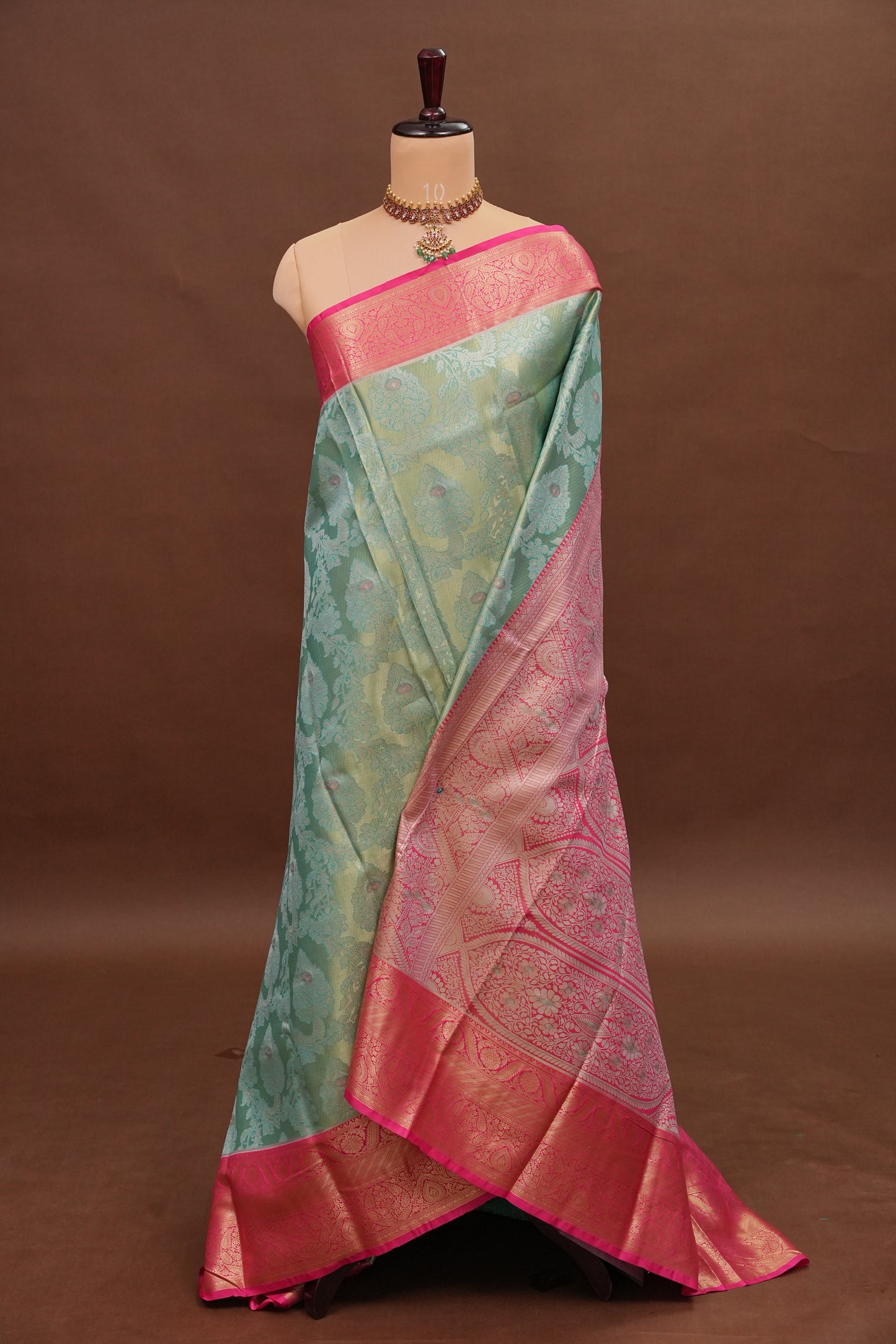Mint Green Semi Silk Saree with Pink Zari Border
