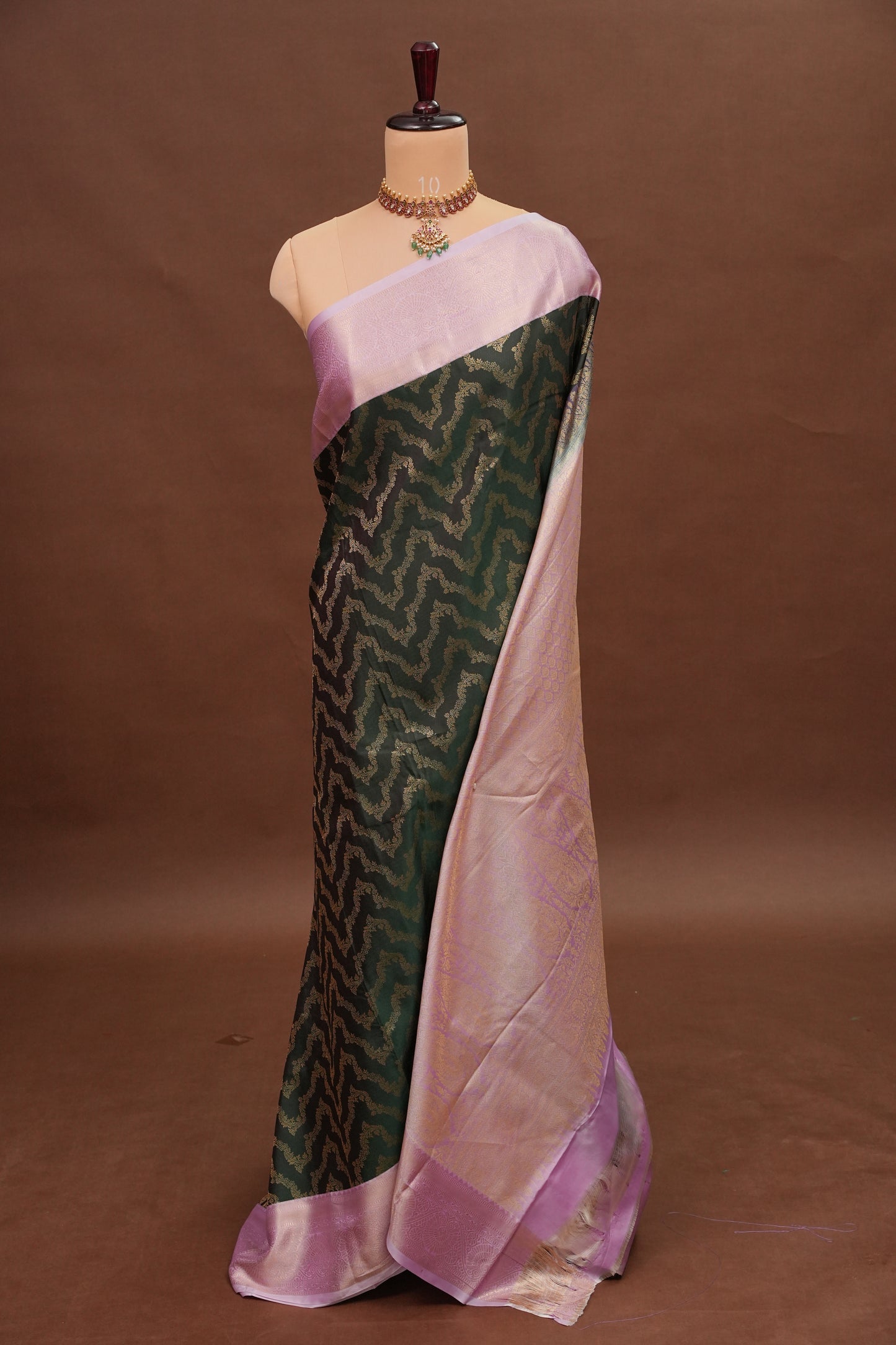 Kanchivaram Semi Silk Saree - Emerald Green with Baby Pink