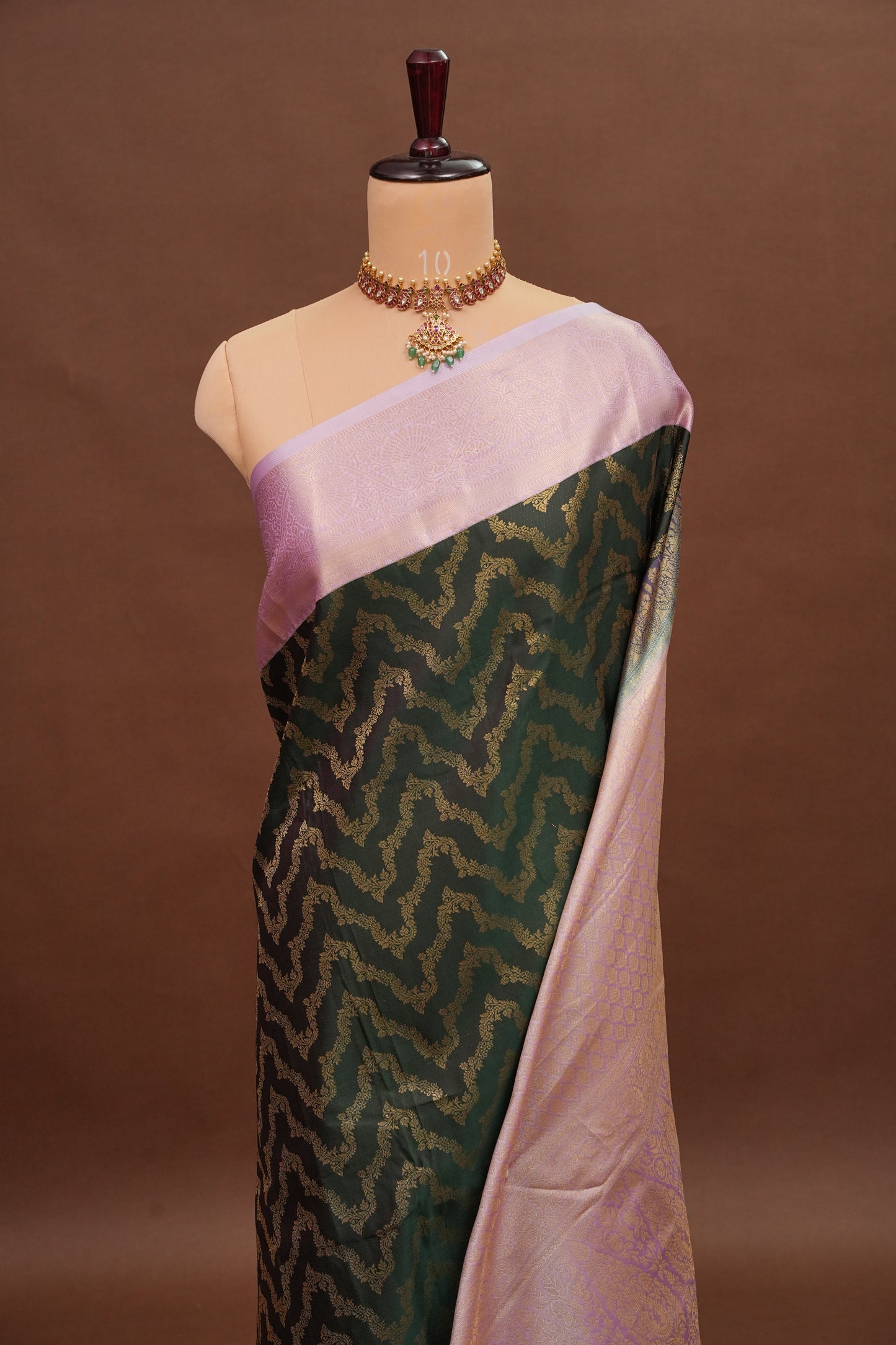 Kanchivaram Semi Silk Saree - Emerald Green with Baby Pink