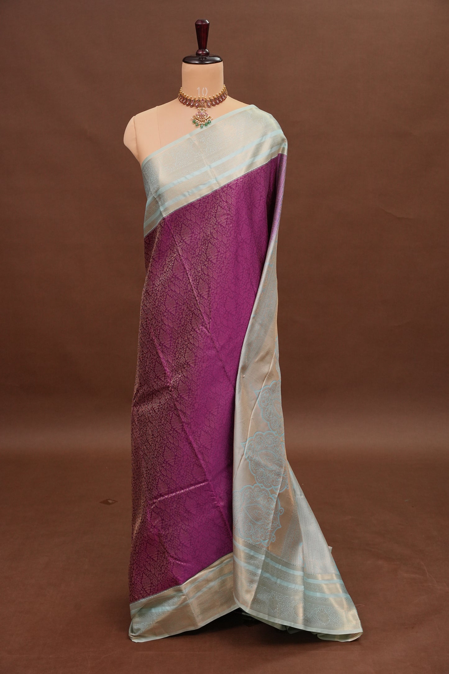 Kanchivaram Semi Silk Saree - Wine Floral with Aqua