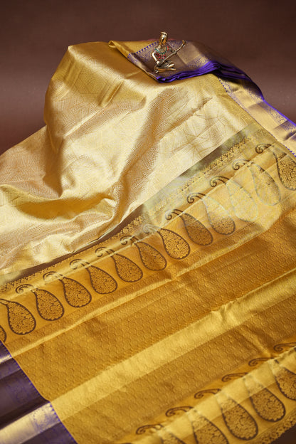 Geometric Pure Tissue Kanchivaram Silk Saree - Gold With Royal Purple & Gold Border