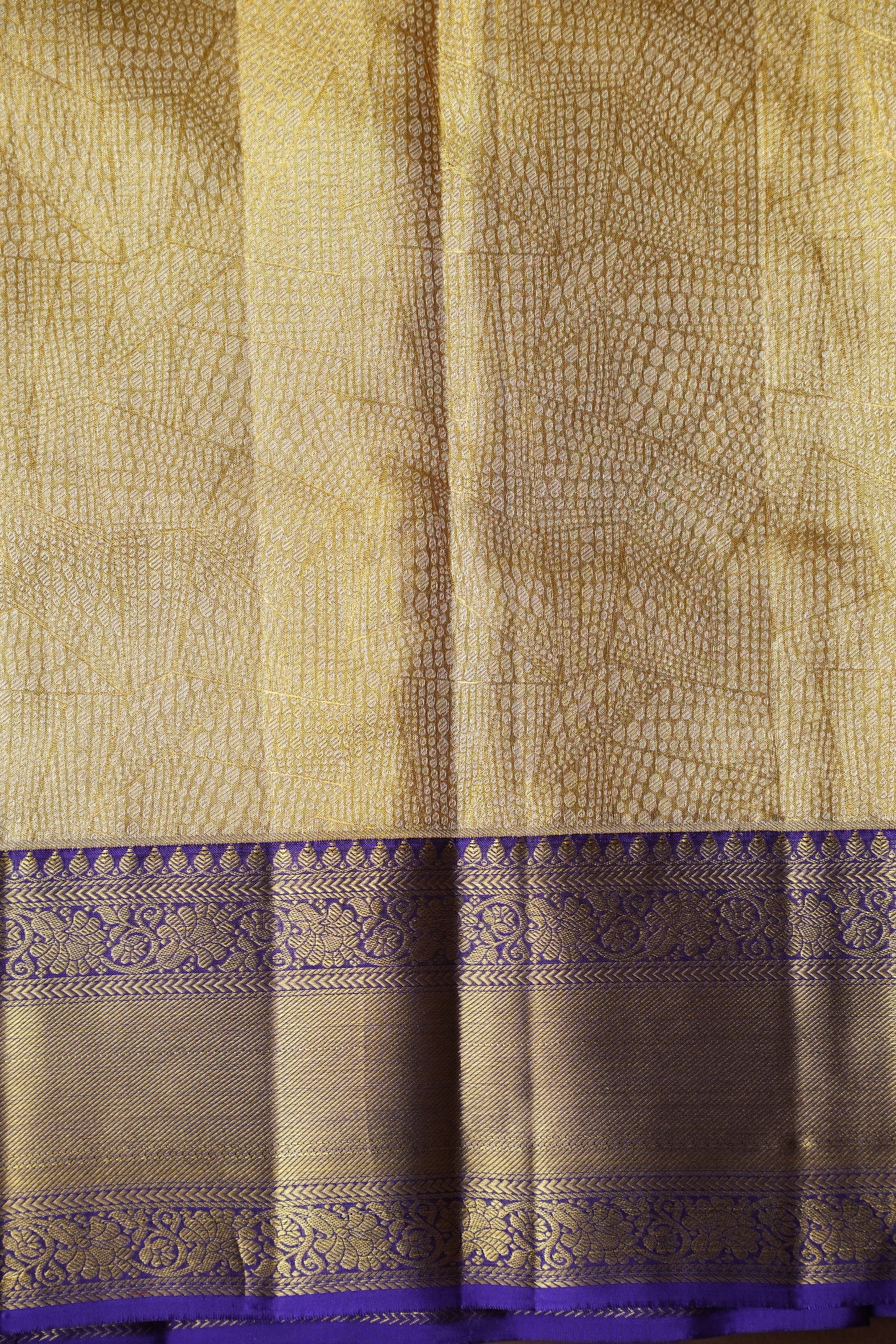 Geometric Pure Tissue Kanchivaram Silk Saree - Gold With Royal Purple & Gold Border