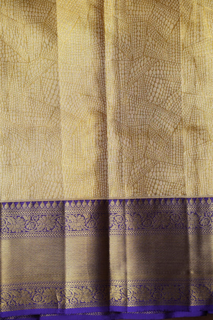 Geometric Pure Tissue Kanchivaram Silk Saree - Gold With Royal Purple & Gold Border