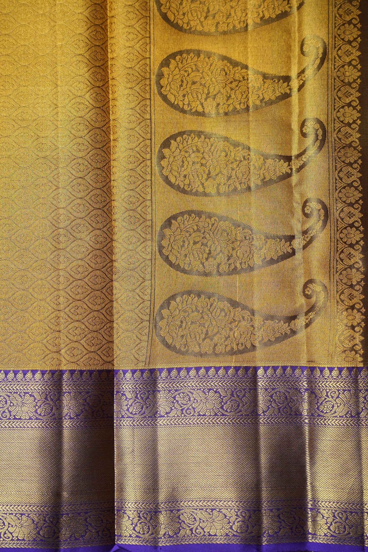 Geometric Pure Tissue Kanchivaram Silk Saree - Gold With Royal Purple & Gold Border