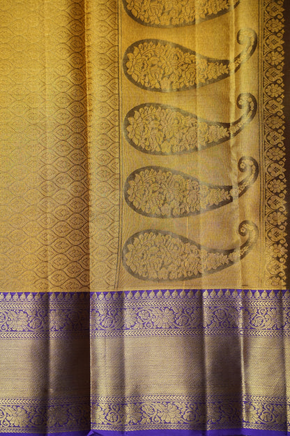 Geometric Pure Tissue Kanchivaram Silk Saree - Gold With Royal Purple & Gold Border