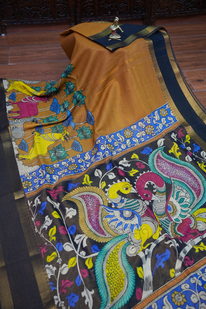 Handpainted Pen Kalamkari Bangalore Silk Saree – Brown & Black