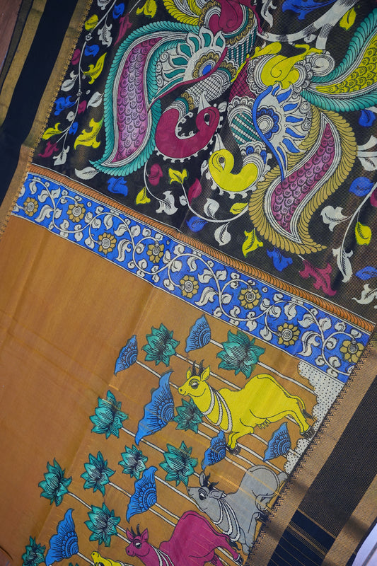 Handpainted Pen Kalamkari Bangalore Silk Saree – Brown & Black