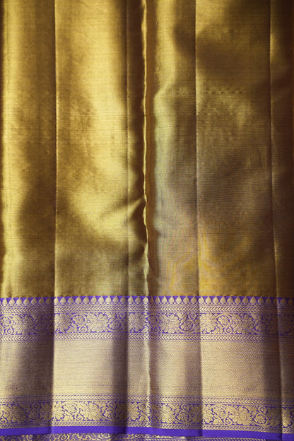 Geometric Pure Tissue Kanchivaram Silk Saree - Gold With Royal Purple & Gold Border