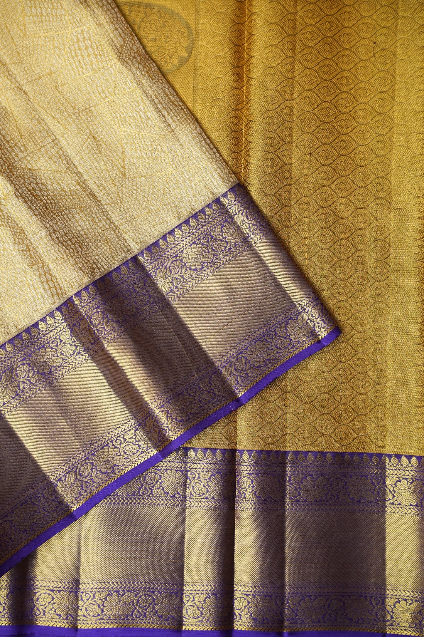 Geometric Pure Tissue Kanchivaram Silk Saree - Gold With Royal Purple & Gold Border