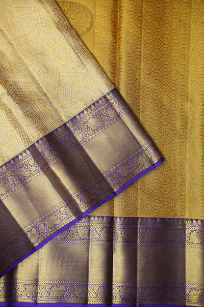 Geometric Pure Tissue Kanchivaram Silk Saree - Gold With Royal Purple & Gold Border