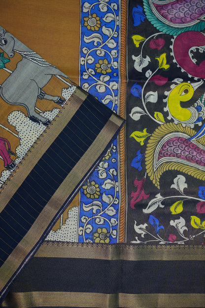 Handpainted Pen Kalamkari Bangalore Silk Saree – Brown & Black