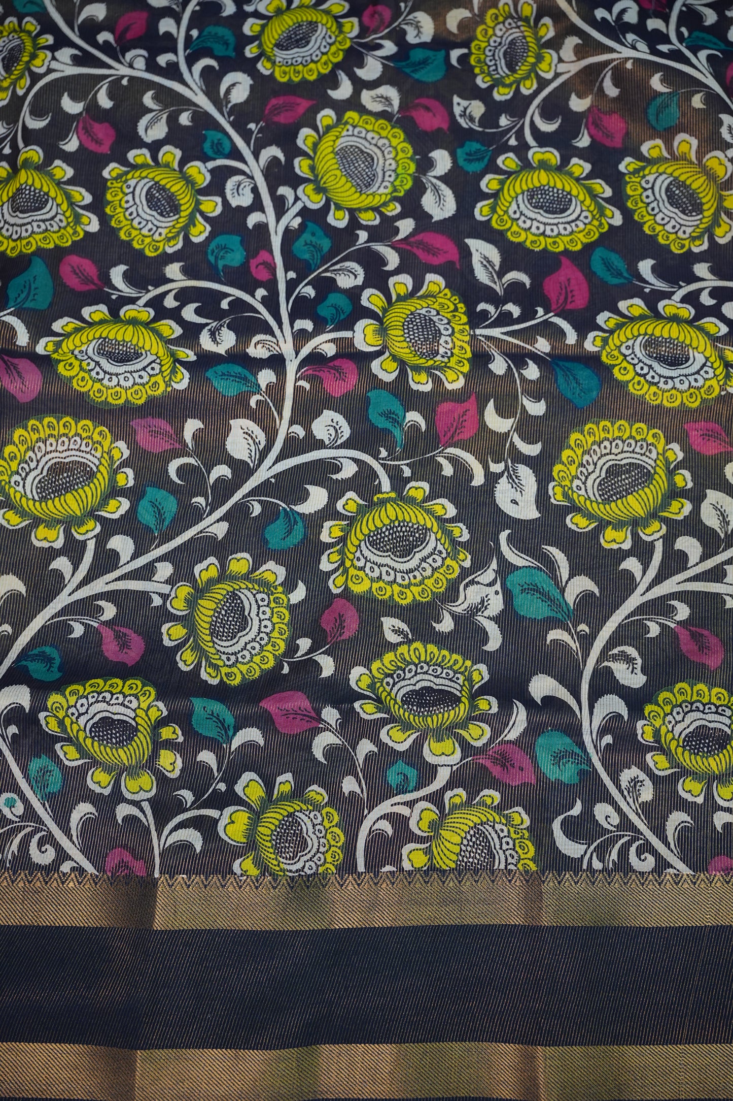Handpainted Pen Kalamkari Bangalore Silk Saree – Brown & Black