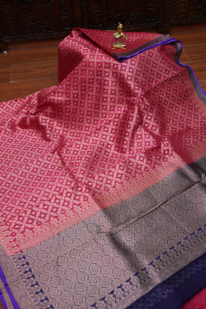 Pure Banarasi Organza (Kora) Silk Handloom Saree – Watermelon Pink & Royal Blue | Silk Mark Certified