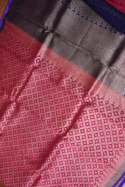 Pure Banarasi Organza (Kora) Silk Handloom Saree – Watermelon Pink & Royal Blue | Silk Mark Certified