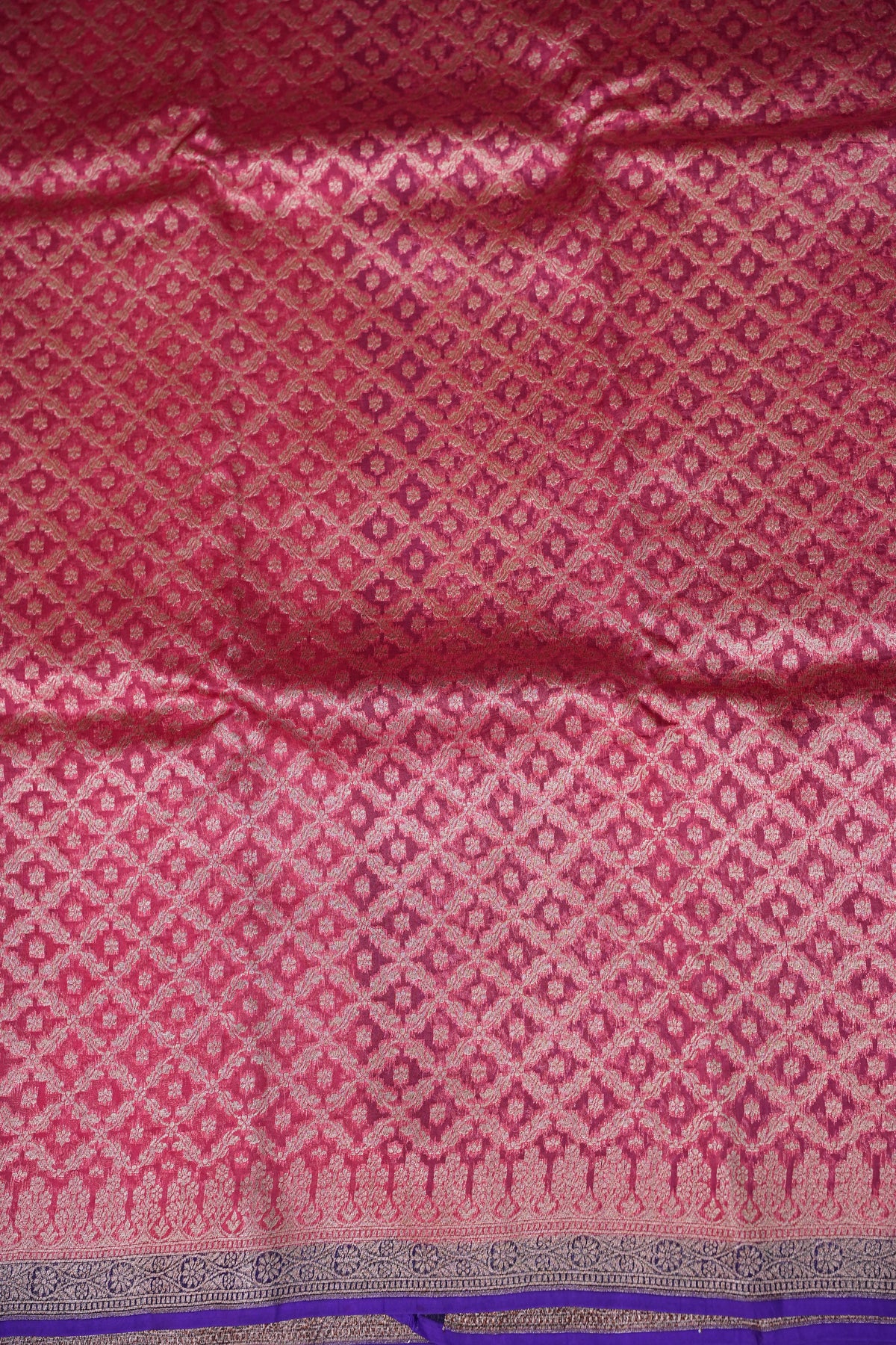 Pure Banarasi Organza (Kora) Silk Handloom Saree – Watermelon Pink & Royal Blue | Silk Mark Certified