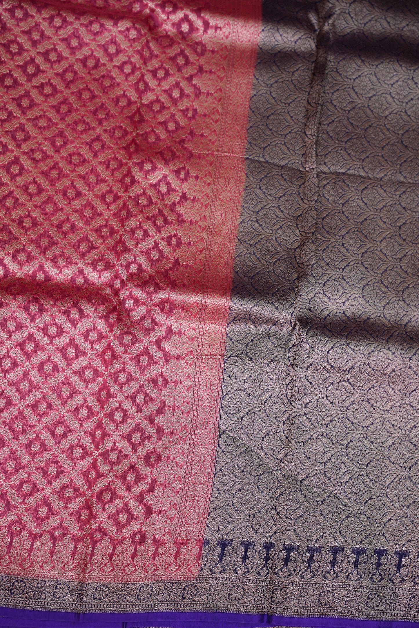 Pure Banarasi Organza (Kora) Silk Handloom Saree – Watermelon Pink & Royal Blue | Silk Mark Certified