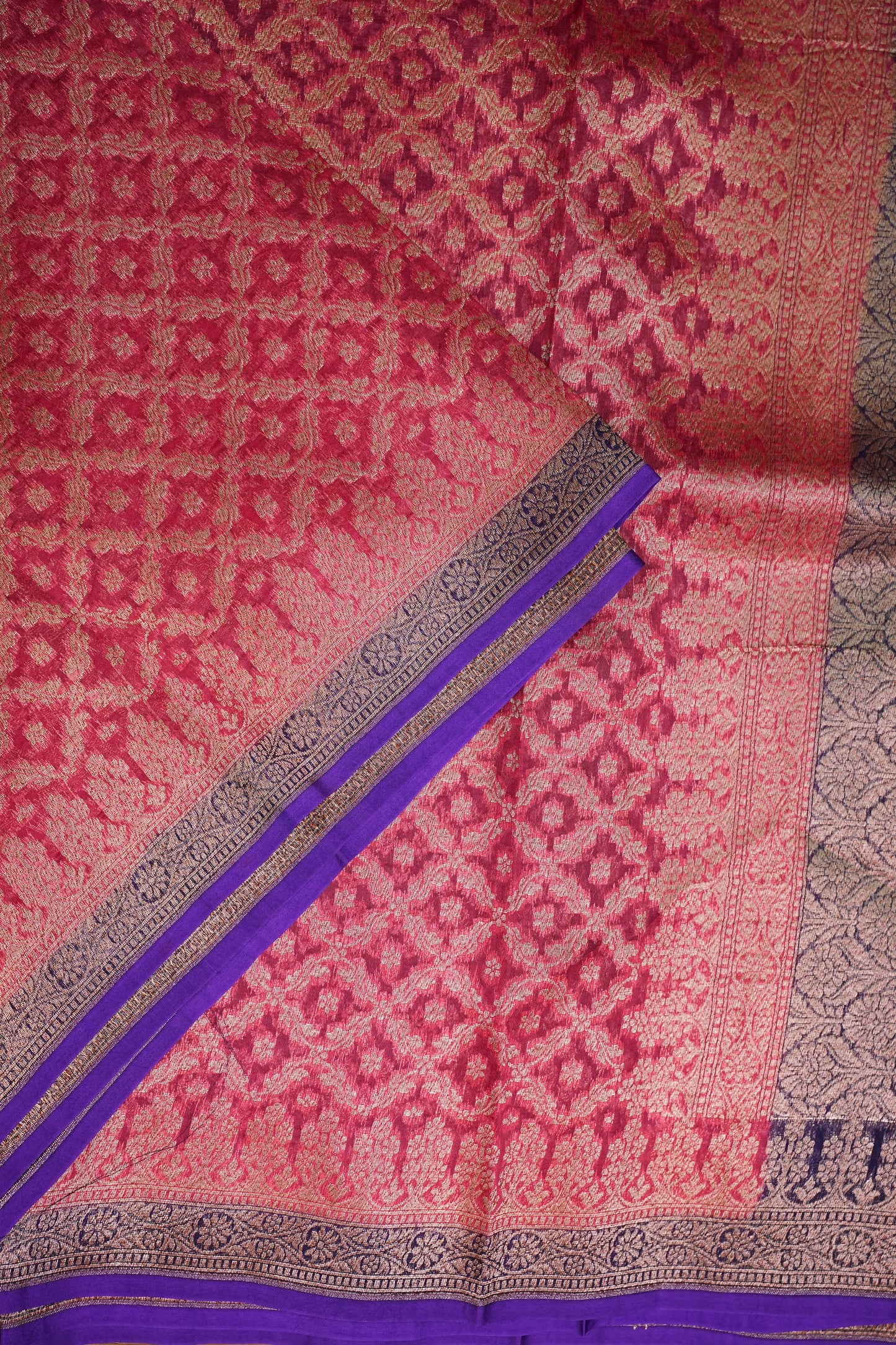 Pure Banarasi Organza (Kora) Silk Handloom Saree – Watermelon Pink & Royal Blue | Silk Mark Certified