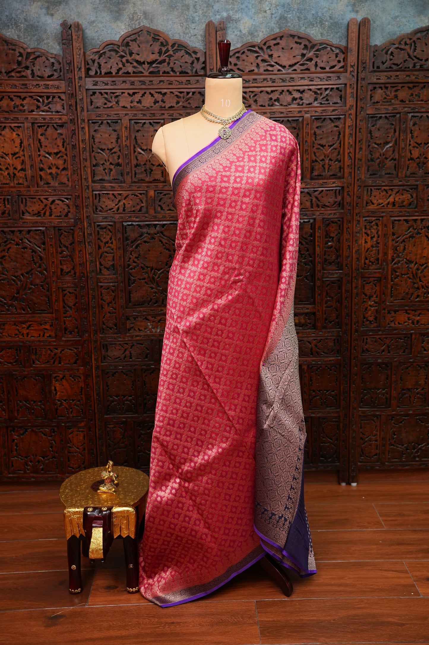 Pure Banarasi Organza (Kora) Silk Handloom Saree – Watermelon Pink & Royal Blue | Silk Mark Certified