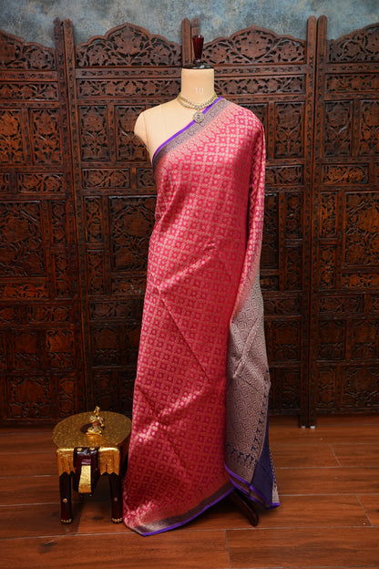Pure Banarasi Organza (Kora) Silk Handloom Saree – Watermelon Pink & Royal Blue | Silk Mark Certified