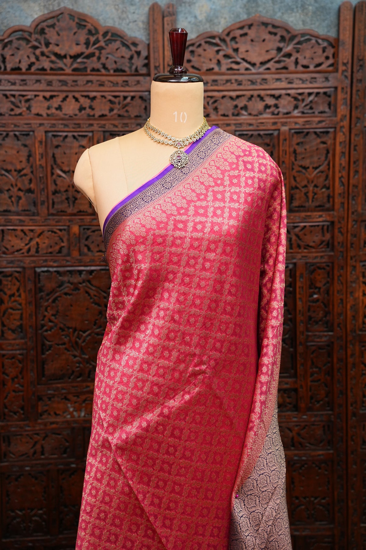 Pure Banarasi Organza (Kora) Silk Handloom Saree – Watermelon Pink & Royal Blue | Silk Mark Certified