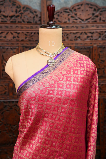 Pure Banarasi Organza (Kora) Silk Handloom Saree – Watermelon Pink & Royal Blue | Silk Mark Certified