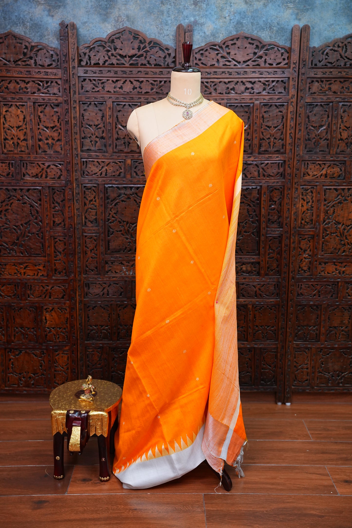 Pure Raw Silk Saree with Minimalist Silver Zari Border – Orange & White