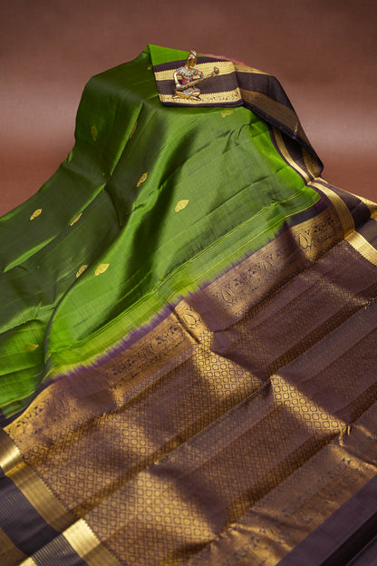 Leaf Green & Coffee Pure Kanchipuram Silk Saree|Silk Mark Certified