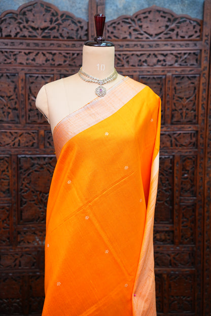 Pure Raw Silk Saree with Minimalist Silver Zari Border – Orange & White
