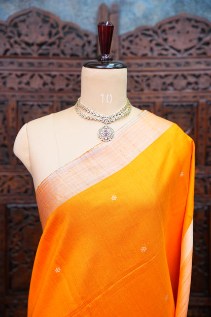 Pure Raw Silk Saree with Minimalist Silver Zari Border – Orange & White