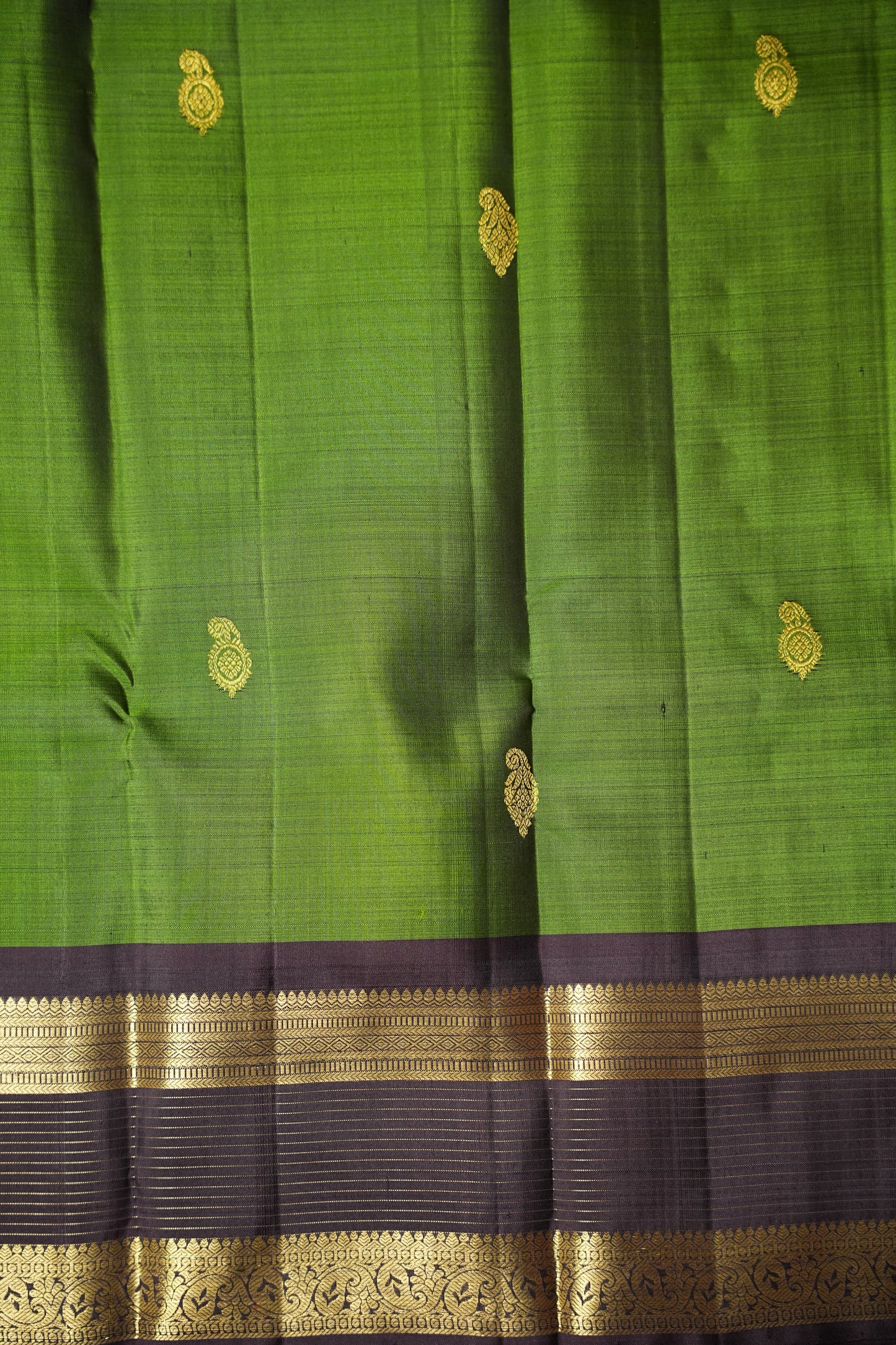 Leaf Green & Coffee Pure Kanchipuram Silk Saree|Silk Mark Certified