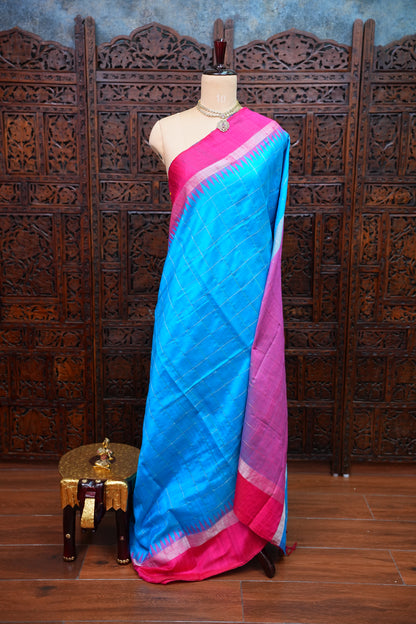 Pure Raw Silk Saree with Contrast Silver Zari Border – Sky Blue & Rani Pink