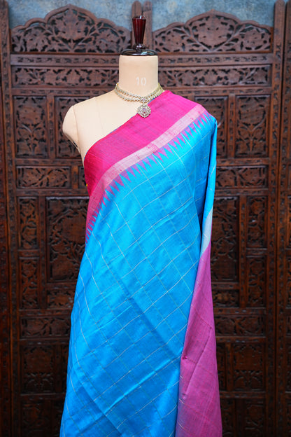 Pure Raw Silk Saree with Contrast Silver Zari Border – Sky Blue & Rani Pink