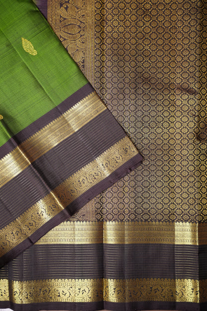 Leaf Green & Coffee Pure Kanchipuram Silk Saree|Silk Mark Certified