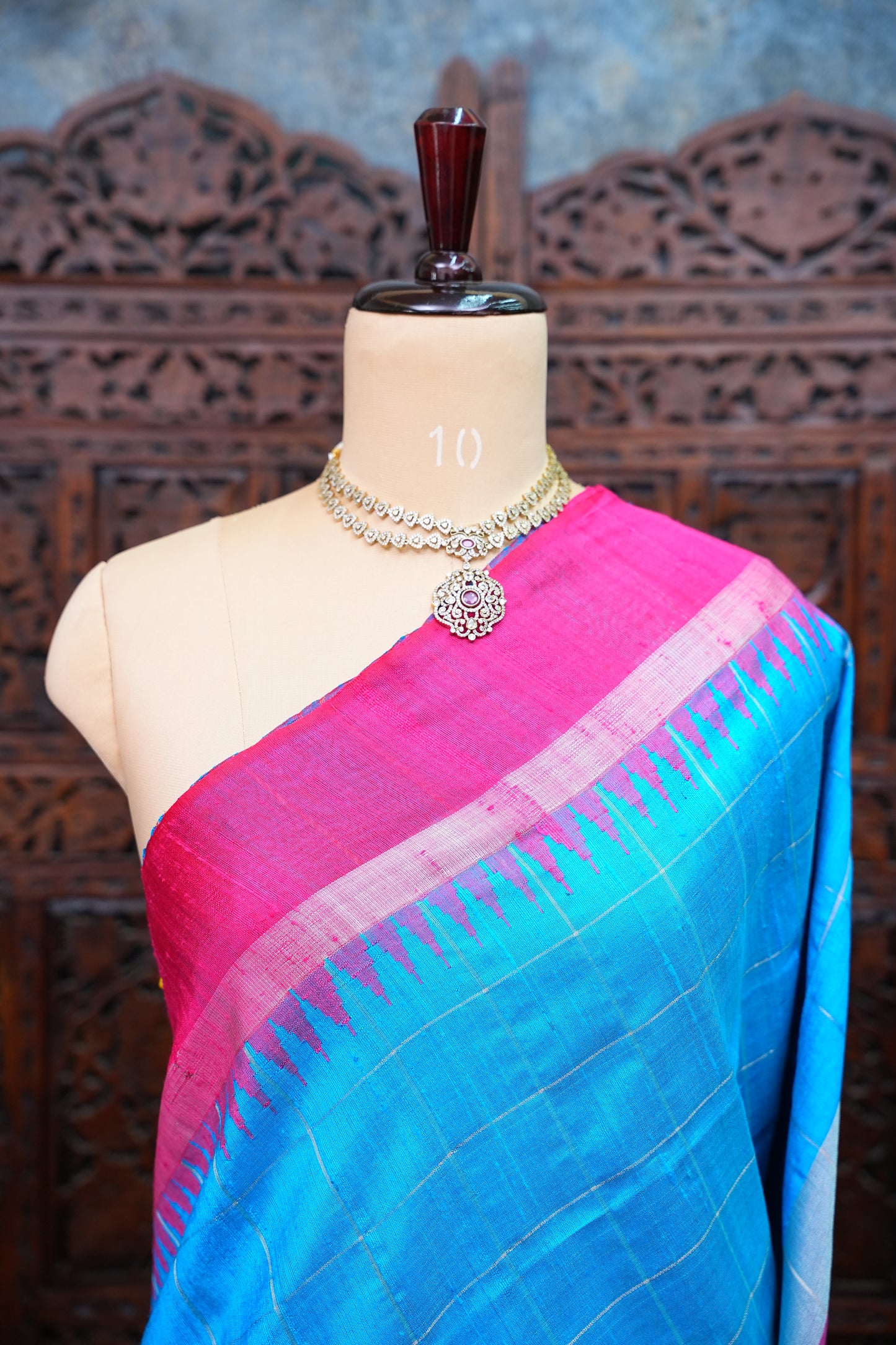 Pure Raw Silk Saree with Contrast Silver Zari Border – Sky Blue & Rani Pink